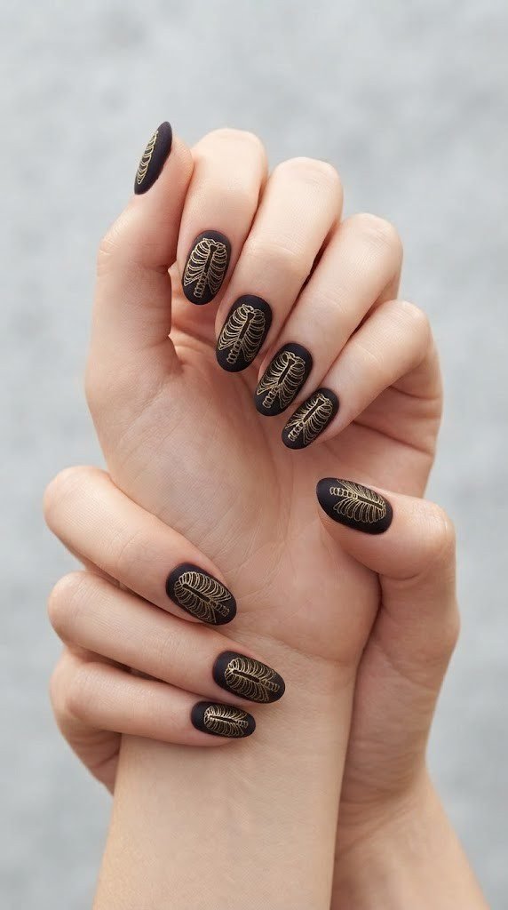 Antique gold skeleton ribcage line art on velvet black short Halloween nails