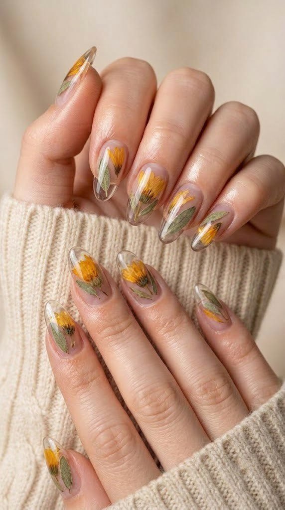 Glassy clear fall nail design with pressed calendula petals and sage leaves