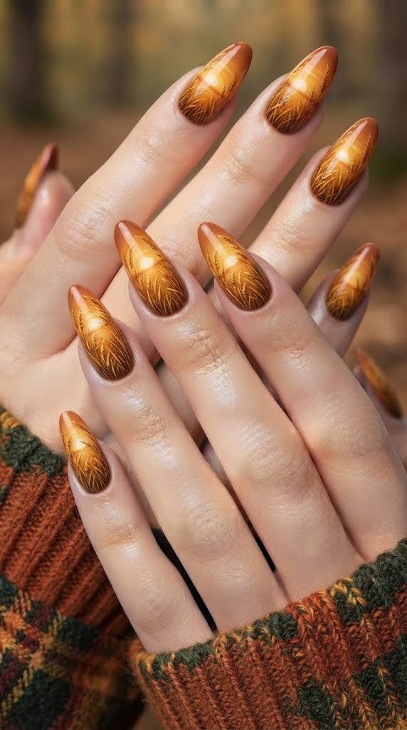Oval nails with swaying golden grass and a glowing low autumn sun