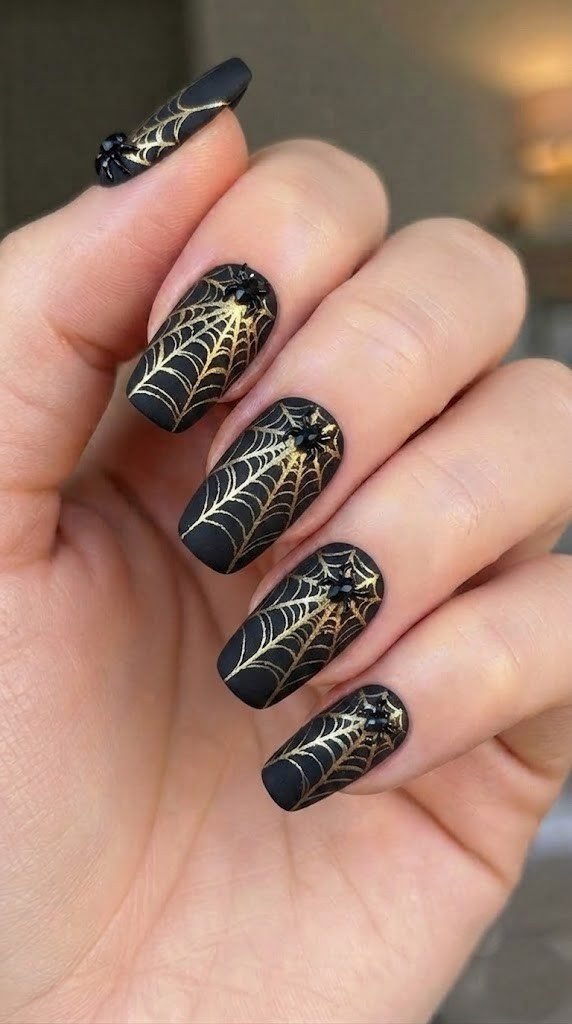 Midnight black nails with liquid gold spiderwebs, elegant short Halloween nail designs
