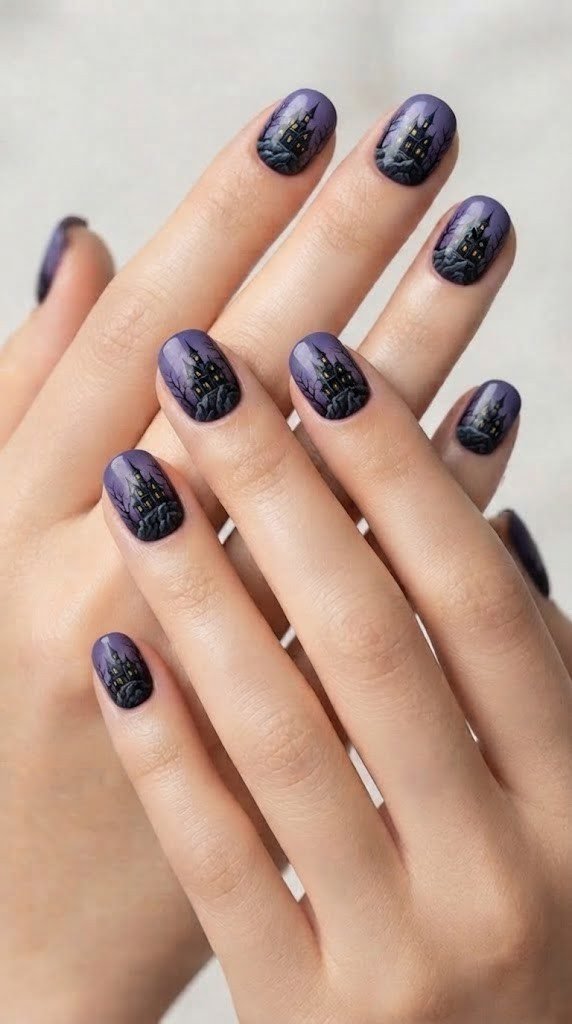 Twilight purple gothic mansion scene painted across short Halloween nail designs