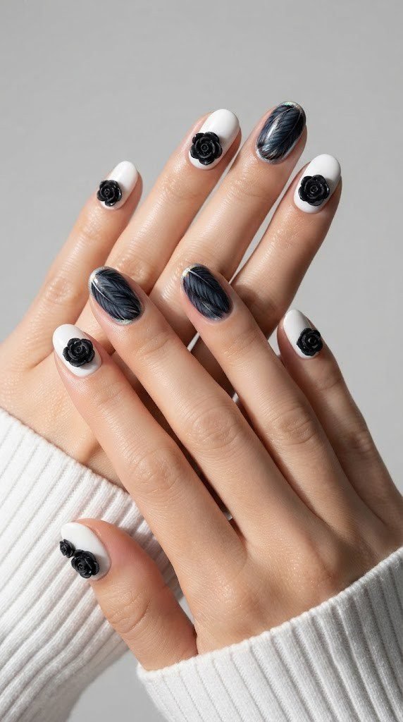 White nails with dark feather texture and 3D black rosebuds, gothic nail art