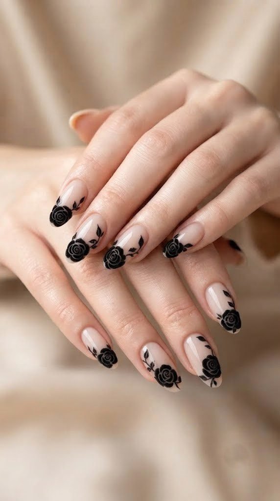 Sheer neutral almond nails with black velvet rose sidewall Halloween art