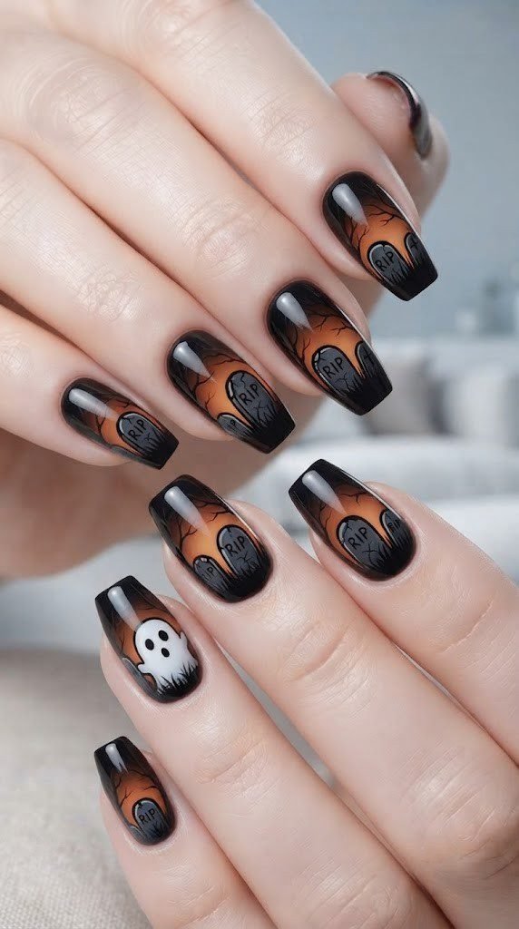 Halloween acrylic nails with a graveyard scene and a ghost peeking behind a tombstone