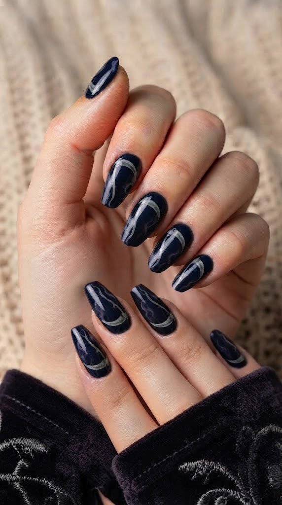 Midnight blue coffin Halloween nails with a silver grim reaper scythe