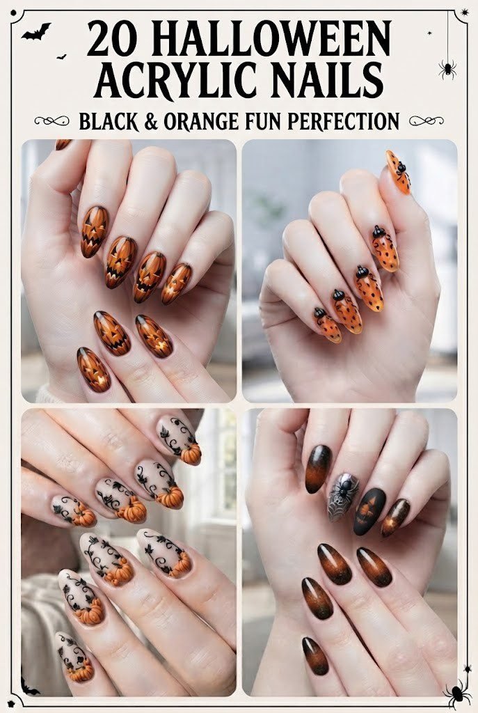 halloween acrylic nail ideas in black and orange