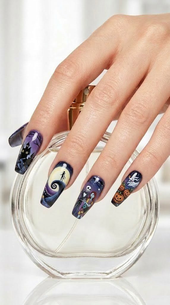 Hand-painted halloweentown scene on long halloween nails