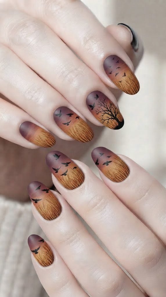 Golden wheat Halloween nail designs with crows lifting off at dusk