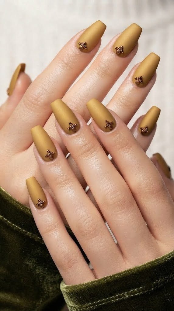Harvest gold matte nails with a tiny copper acorn charm at the cuticle