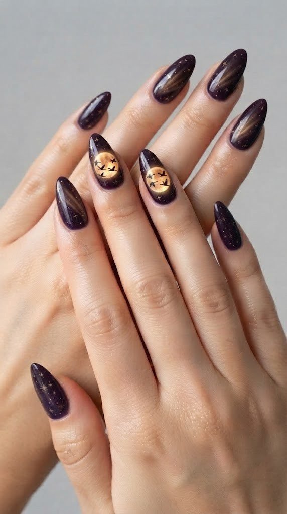Harvest moon glow autumn nail designs with migrating geese silhouettes