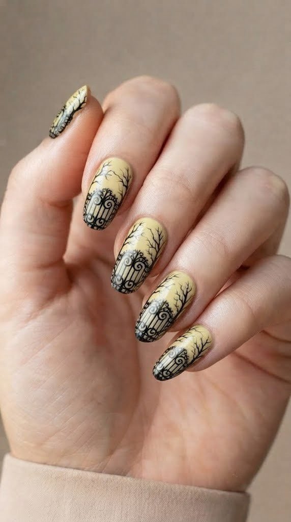 Buttery yellow moon nails detailed with a wrought-iron haunted gate
