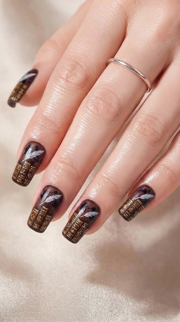 Mahogany nails styled like gold-embossed occult book spines, Halloween nail designs