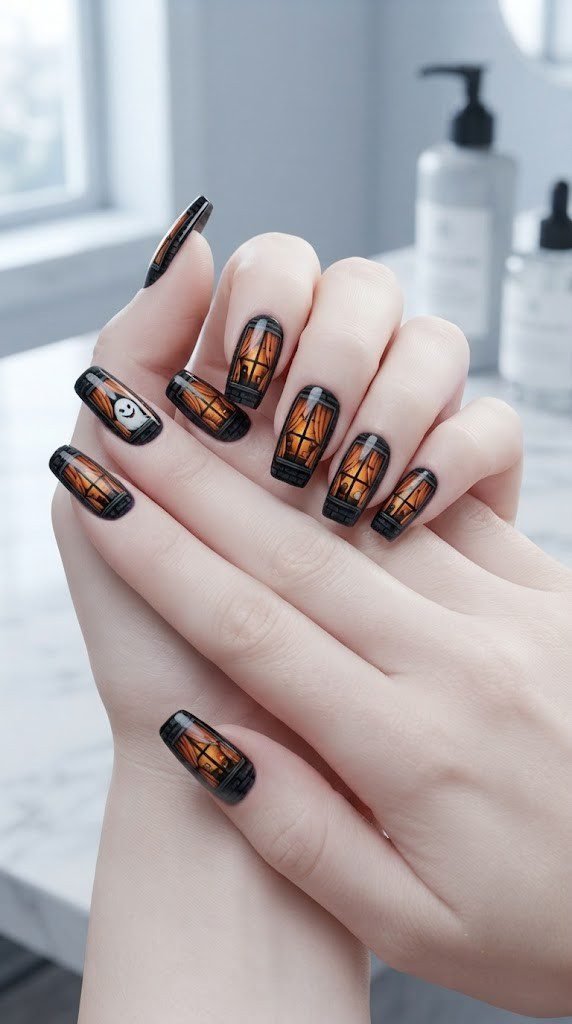 Ghost nail design Halloween with a mischievous ghost peeking through a curtained window