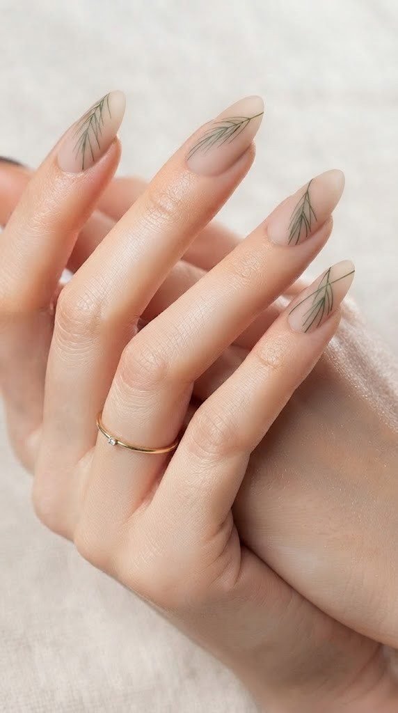 Hazelnut nude nails with minimalist pine needle line art