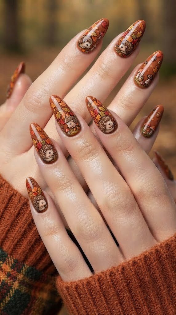 Almond nails with an illustrated hedgehog curled beneath autumn leaves