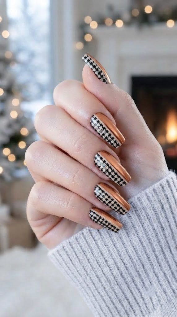 Houndstooth pattern and metallic copper block fall nail design