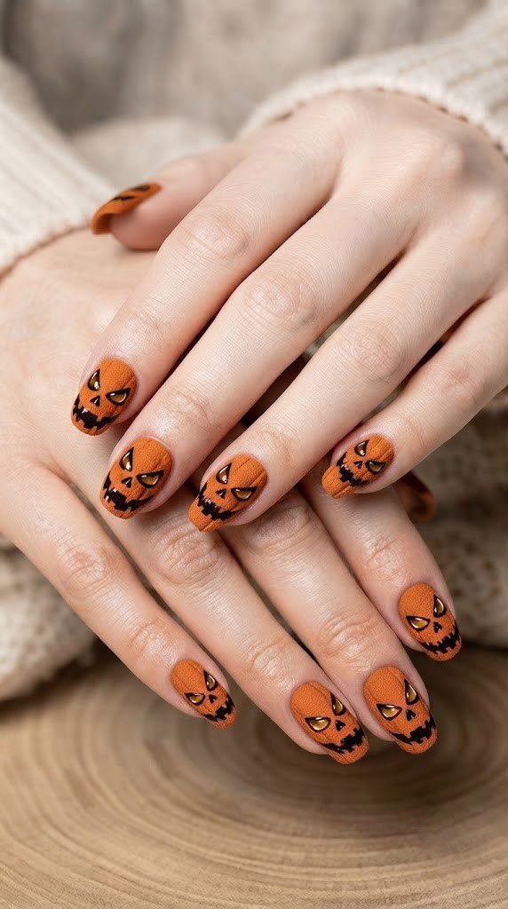 Matte pumpkin-orange nails hand-painted with a grinning jack-o-lantern face