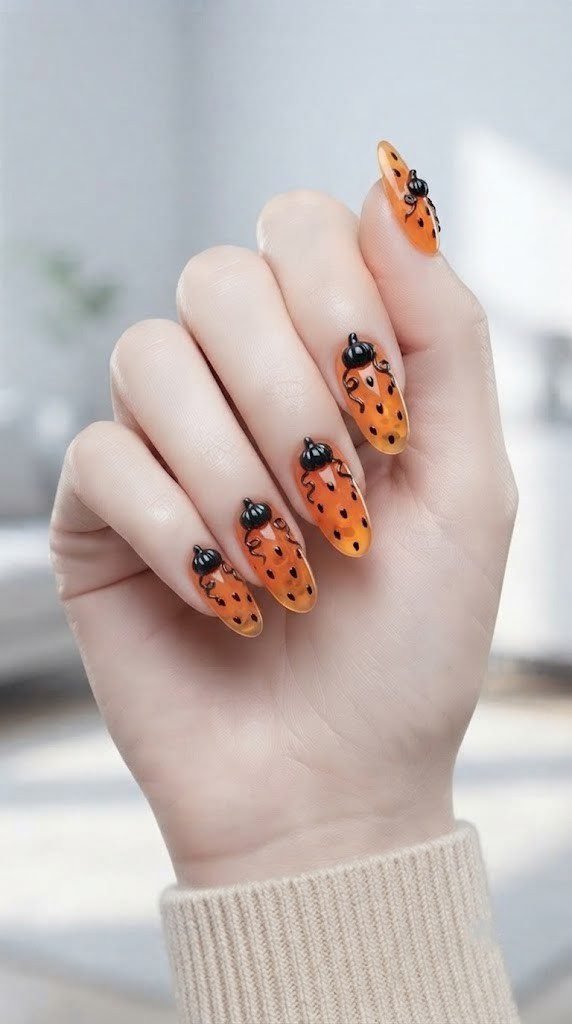 Pumpkin nail designs Halloween with a translucent jelly-gel finish