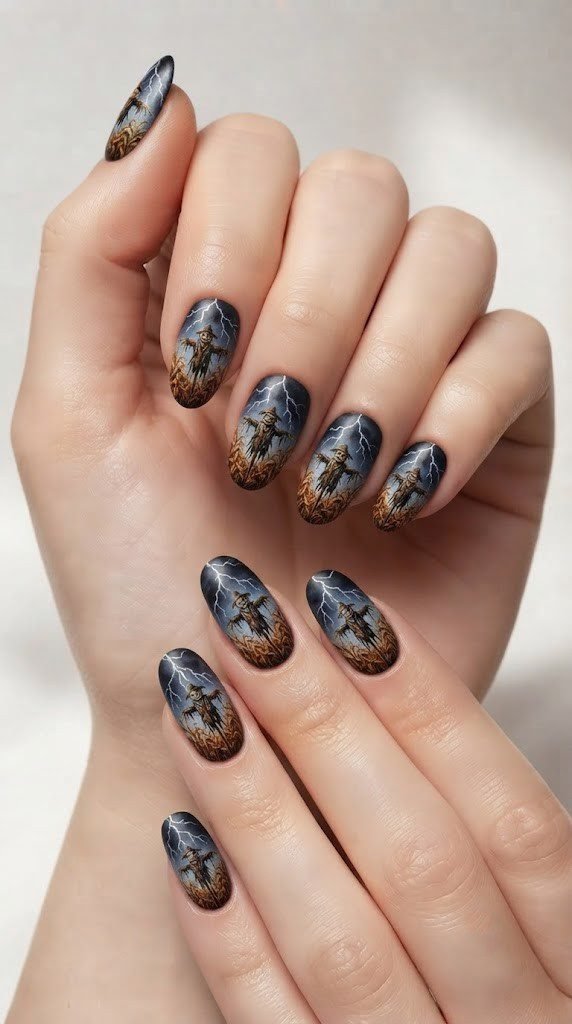 Almond nails with menacing scarecrow scene and silver lightning sky