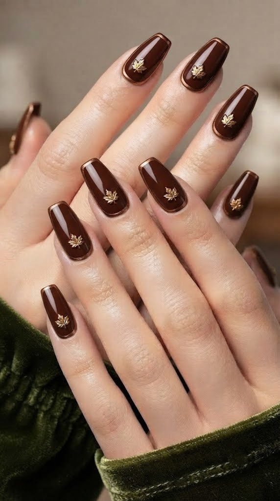 Mahogany nail design with bronze border and gold maple leaf emblem