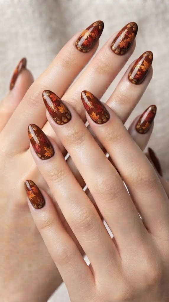 Burnt sienna almond nails scattered with crimson and amber maple leaves