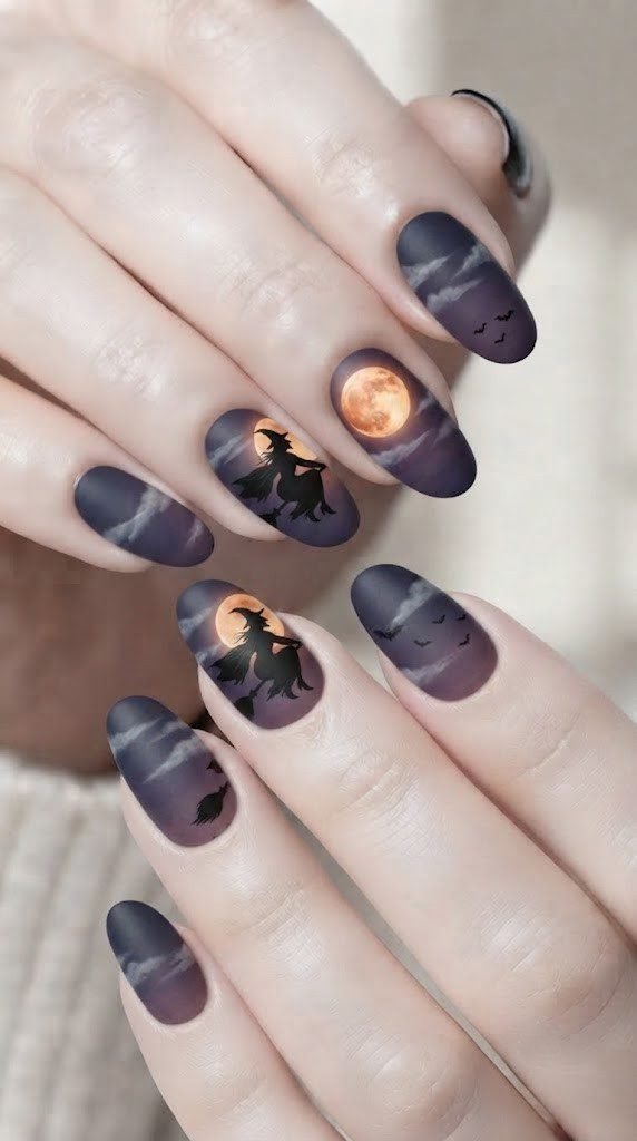 Matte smoky grey Halloween nail design with witch silhouette and blood moon accent nails