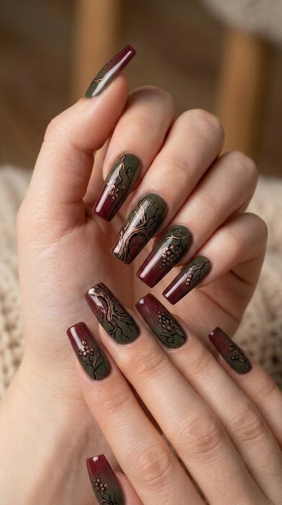 Merlot red to dark olive gradient nails with grapevine and dried berry illustrations