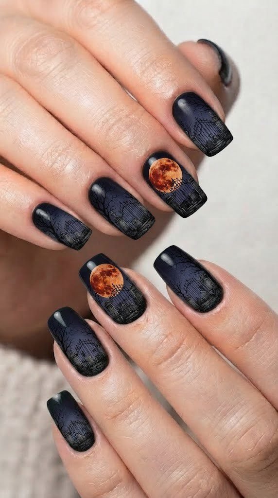 Short square acrylic Halloween nails with cemetery gates and harvest moon
