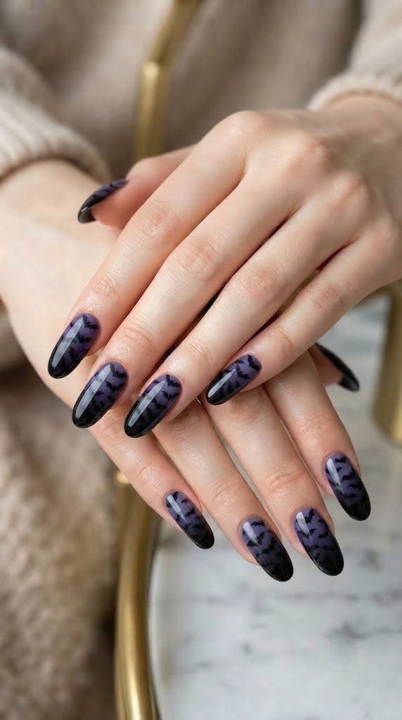 Violet to black halloween nail art covered in tiny matte bats