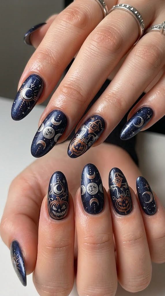 Midnight indigo nails with shimmering silver and copper celestial and pumpkin artwork