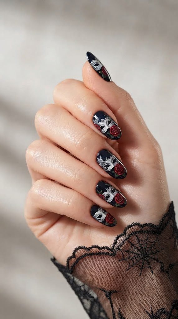 Black masquerade mask and red rose design on short Halloween nail designs