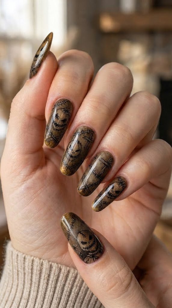 Burlap-brown halloween nails with straw mask and cross art