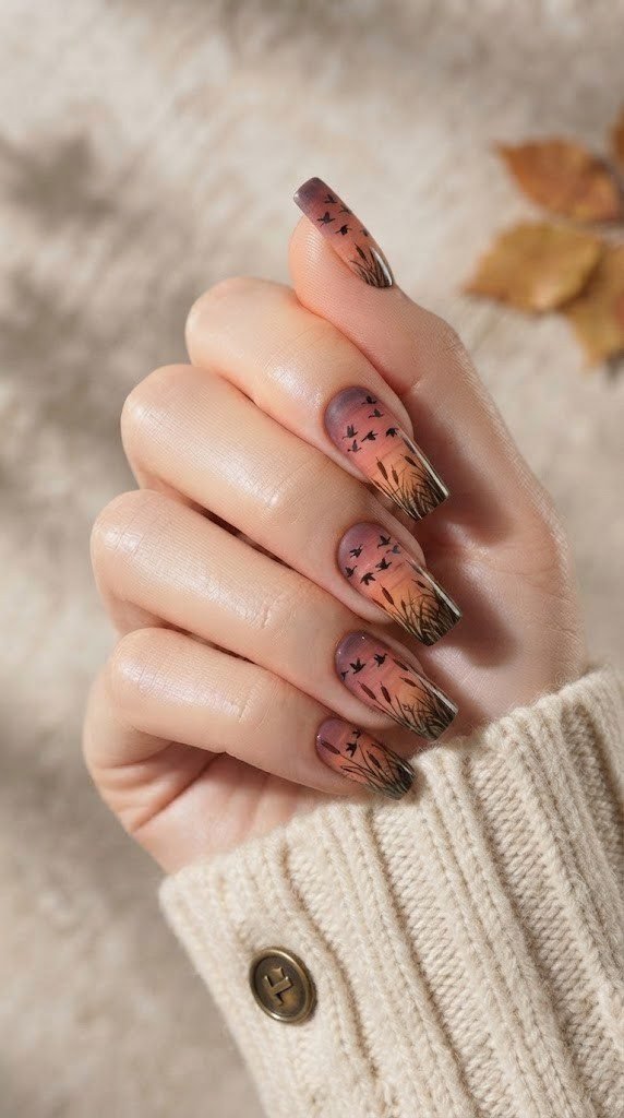 Square nails with geese in flight across a dusk sky, fall nail trends favorite