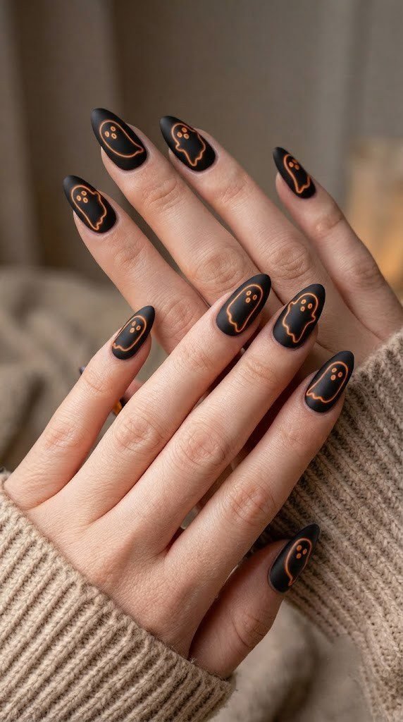 Minimalist floating ghost halloween nail designs in soft orange and black