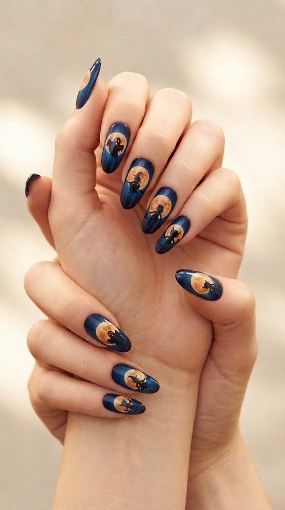 Midnight-blue halloween nails with trick-or-treater silhouettes