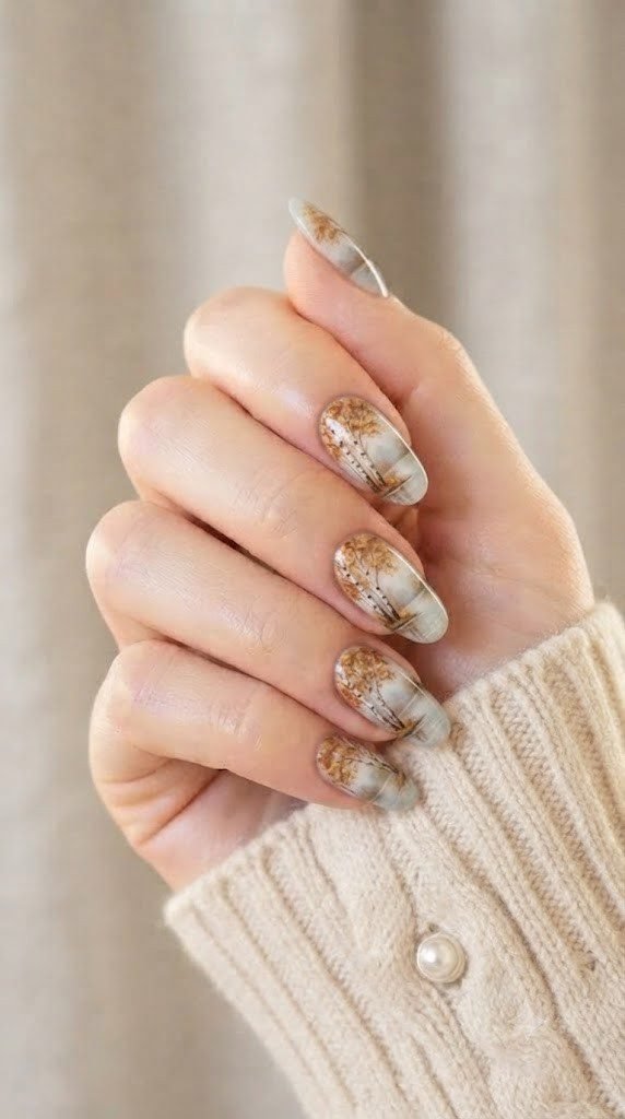 Oval nails painted with golden birch trees reflecting on a misty lake