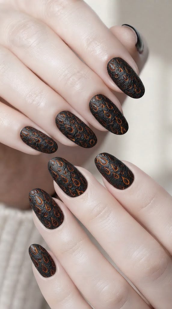 Acrylic Halloween nail designs with cracked black shell and molten orange underneath