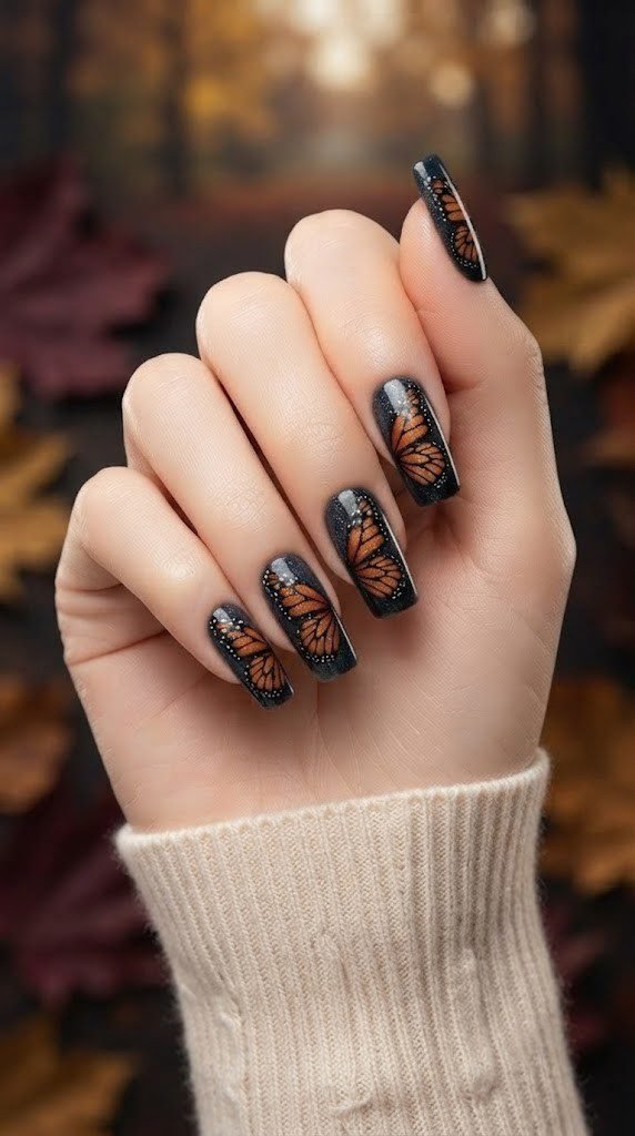 Monarch wing fall nail art with iridescent frost glitter