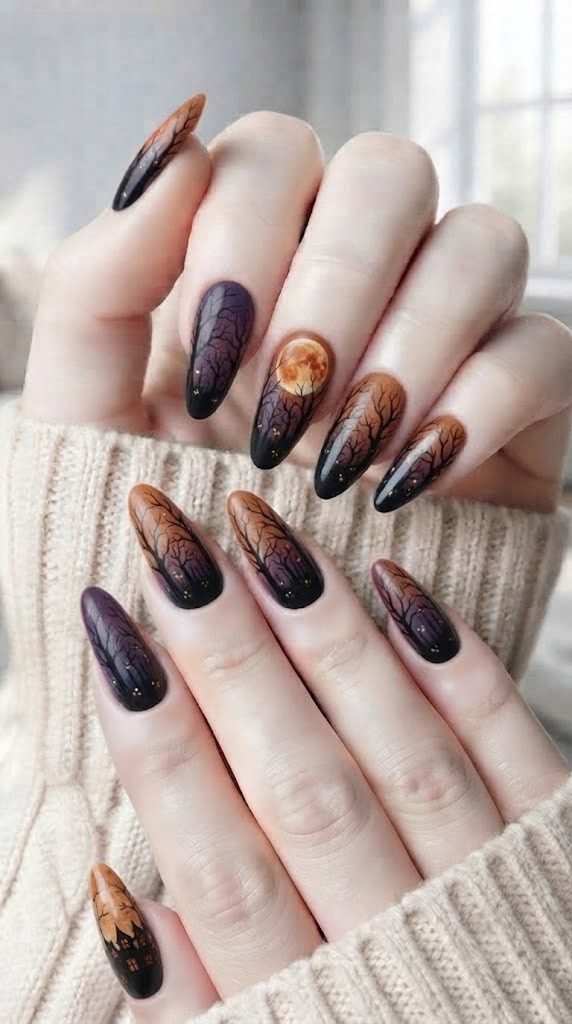 Bare tree forest skyline Halloween nail designs under a blood-orange moon