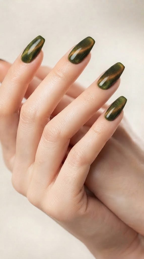 Moss green velvet gel nails that shift amber, ideal classy autumn nails