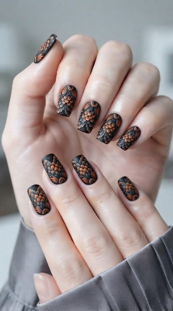 Acrylic Halloween nail designs with layered moth wing texture in black and orange