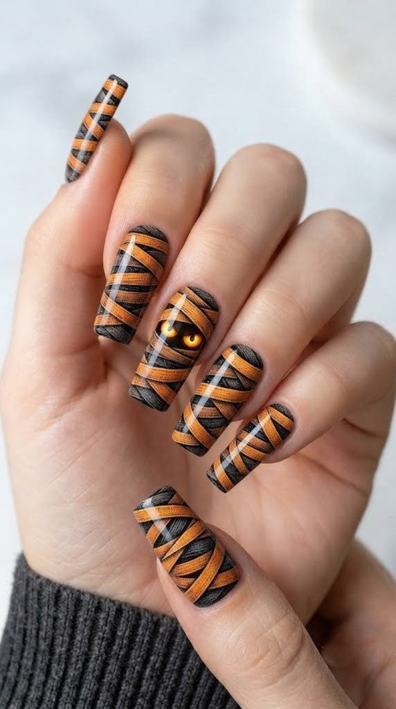 Mummy bandage wrap orange and black nails styled on classic square tips