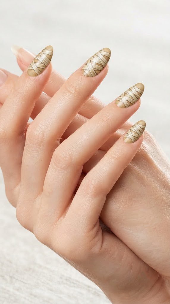 Parchment tan oval nails with layered mummy bandage texture for Halloween