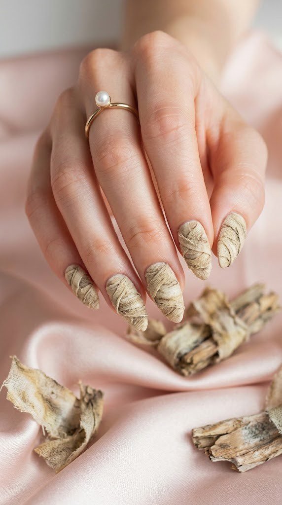 Matte beige halloween nails styled as decaying mummy bandages