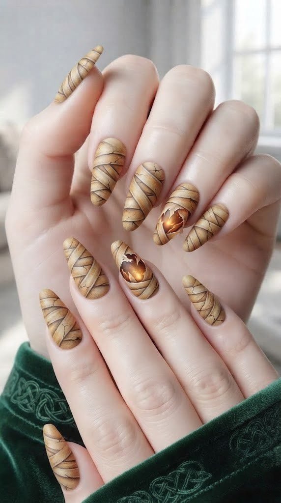Sandy beige mummy wrap Halloween nail designs with an amber cursed glow