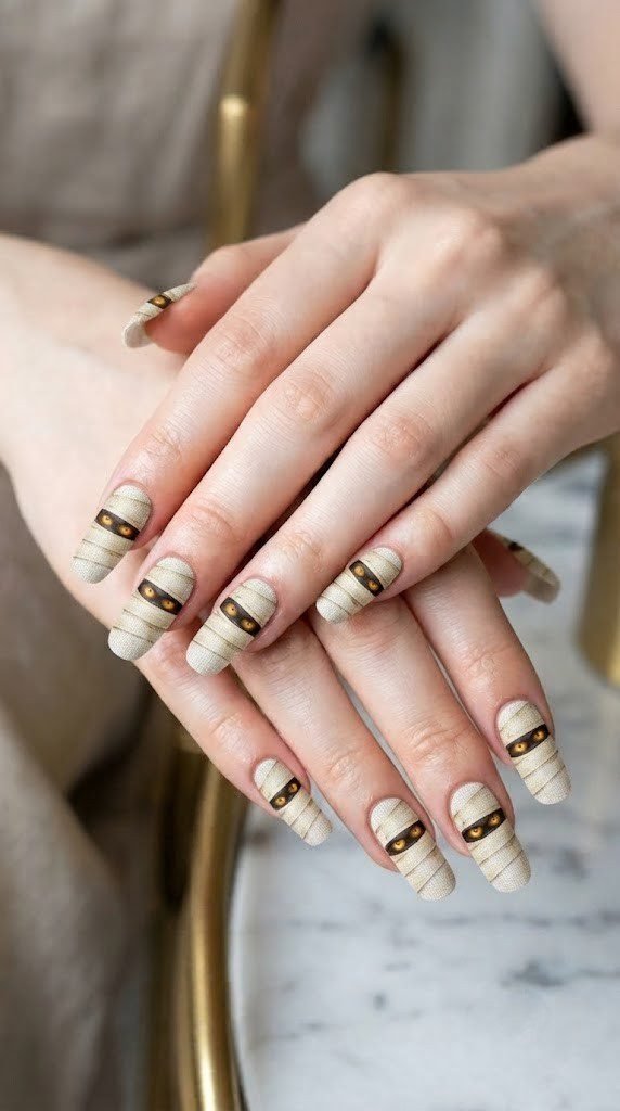 Off-white linen nails wrapped in bandages with glowing mummy eyes