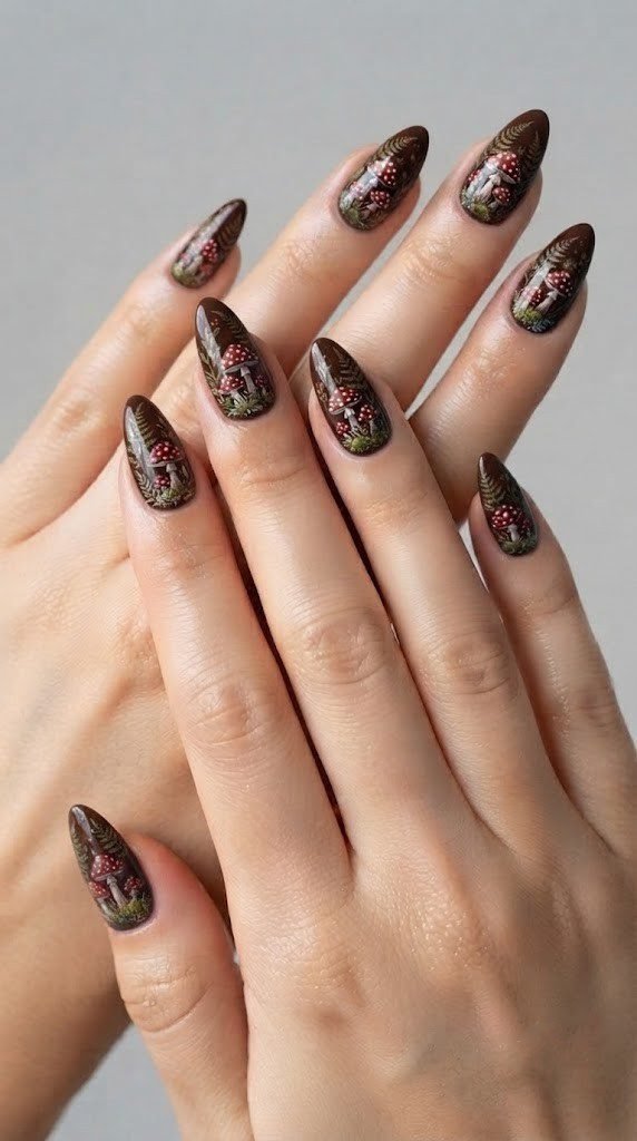 Mushroom forest floor nail design on chocolate brown base