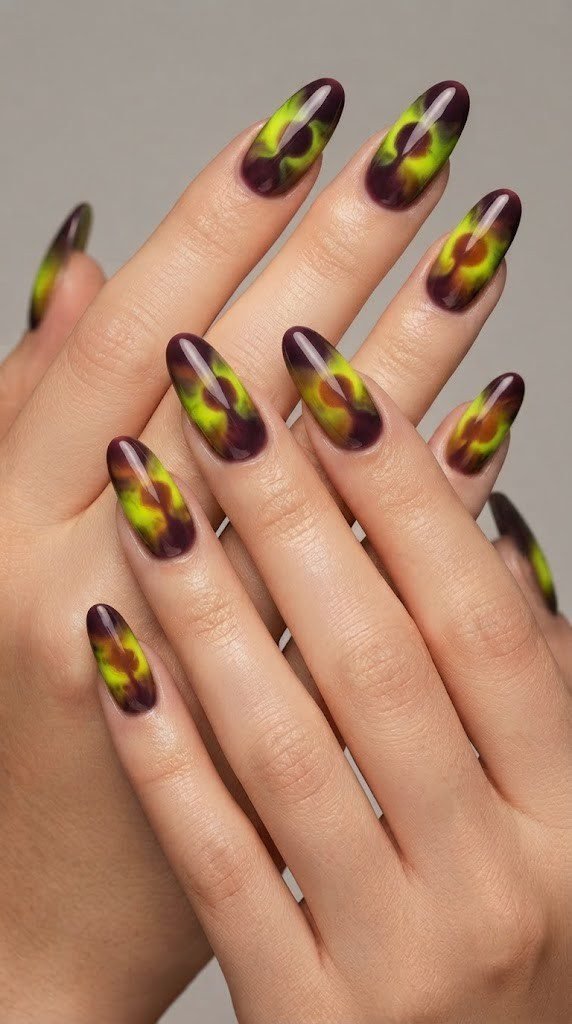 Neon chartreuse and plum ombre fall nail design on oval nails
