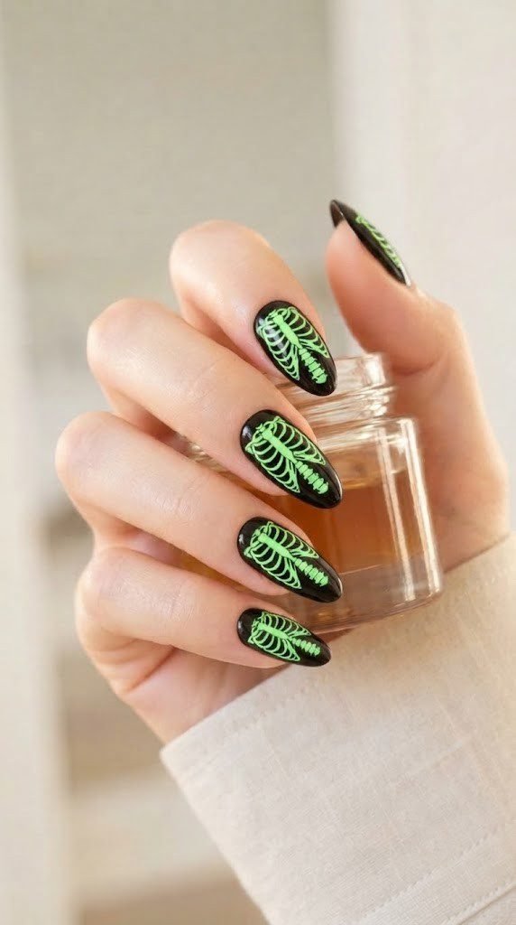Pitch black oval nails with neon lime green skeleton ribcage art