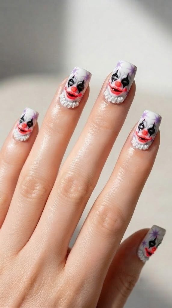 Stark white square nails with fragmented creepy clown face Halloween art